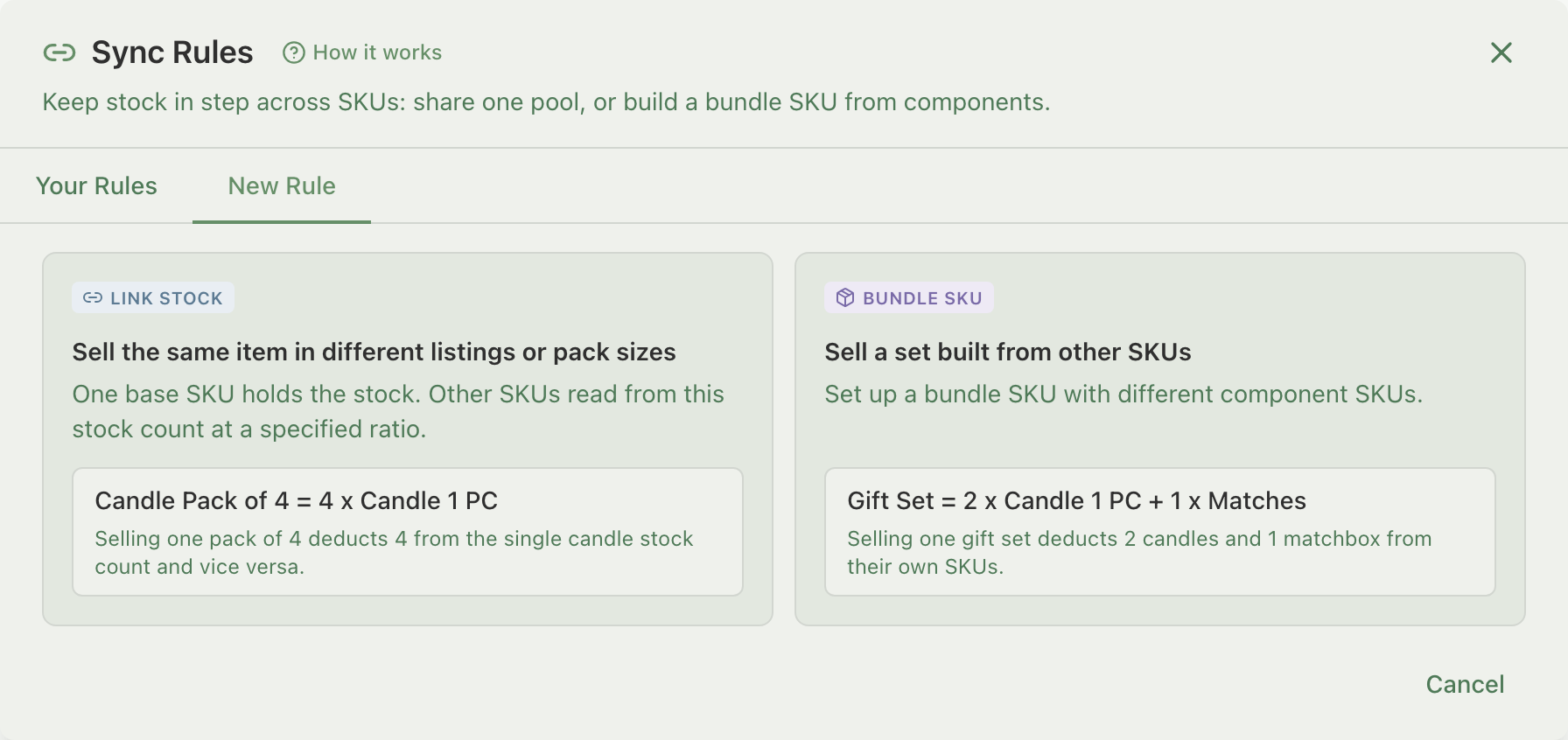 New Rule tab showing the Link Stock and Bundle SKU option cards side by side, each with an example formula