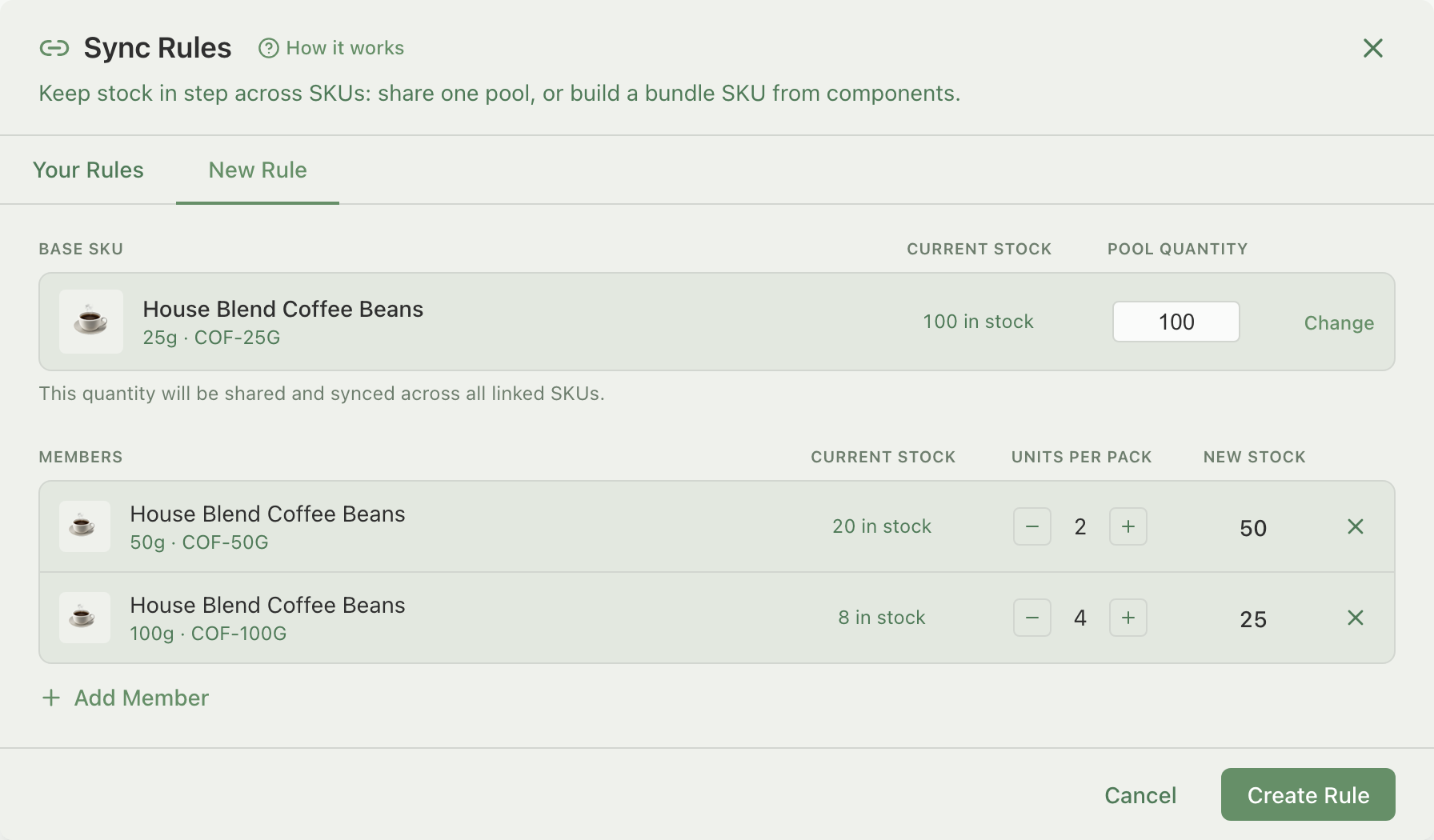 Link Stock create screen with the 25g coffee SKU as the base, a pool quantity of 100, and the 50g and 100g members at 2 and 4 units per pack showing new stock of 50 and 25