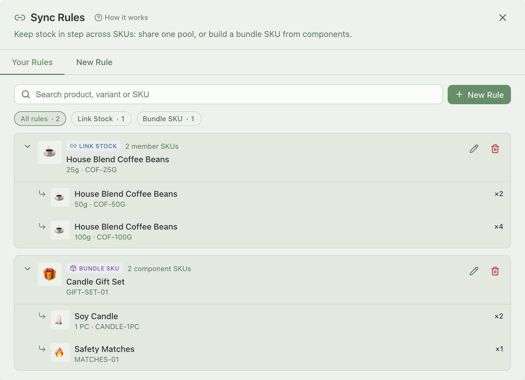 Your Rules tab with the filter labels and two expanded rule cards: a Link Stock pool with two member SKUs and a Bundle SKU rule with two component SKUs