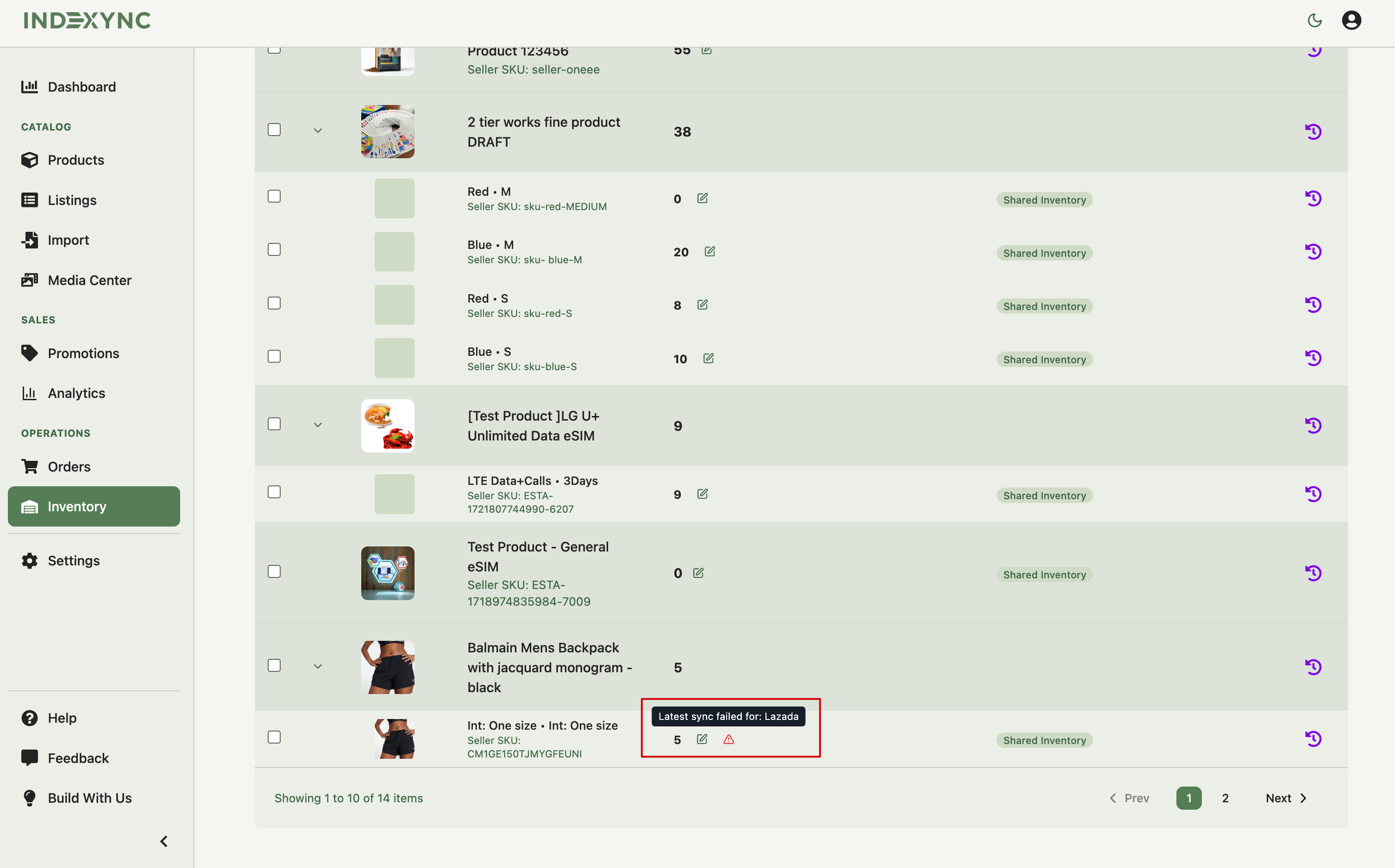 Inventory row with a warning icon and tooltip showing "Latest sync failed for: Lazada"