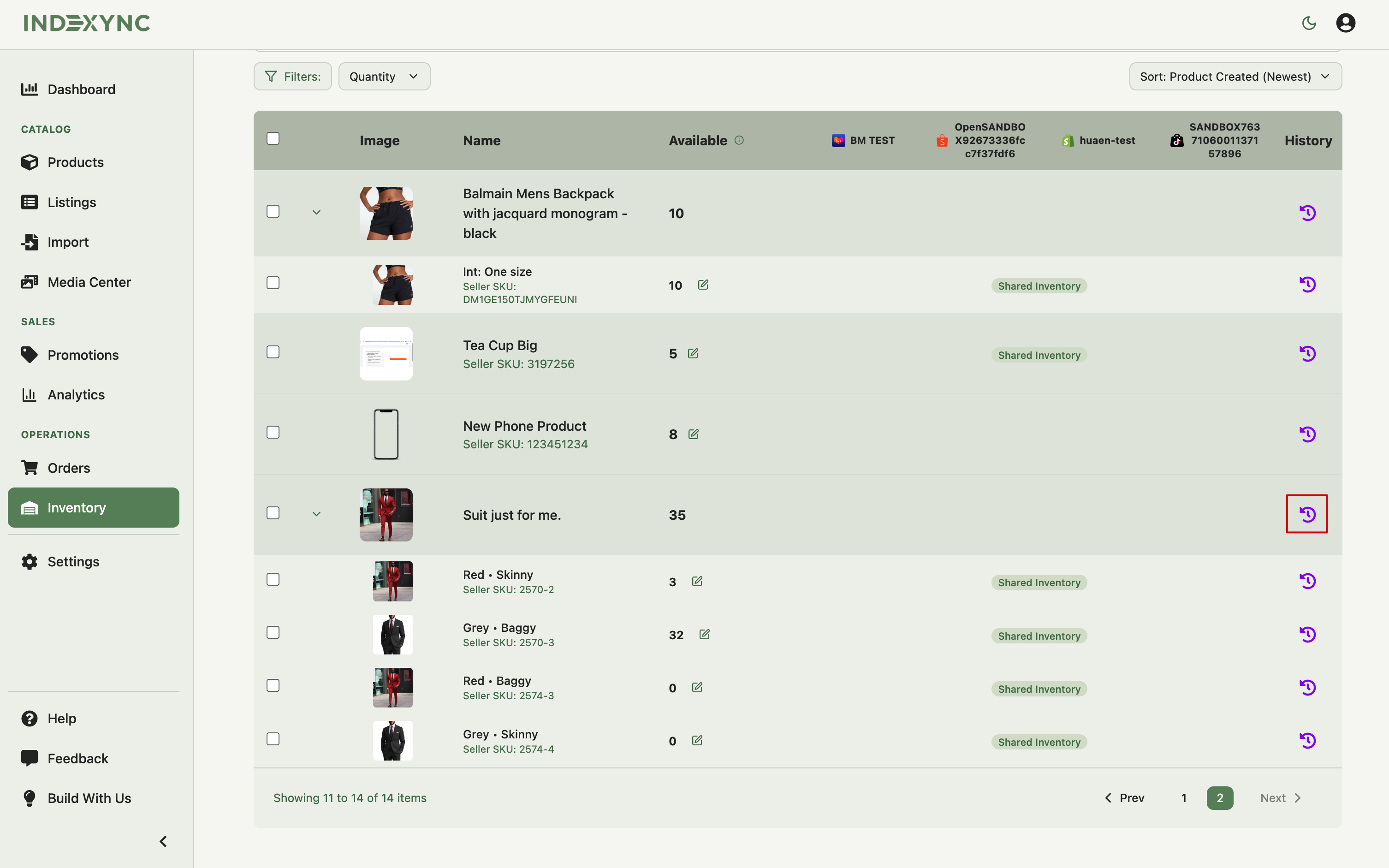 Inventory page with the History button highlighted on a row