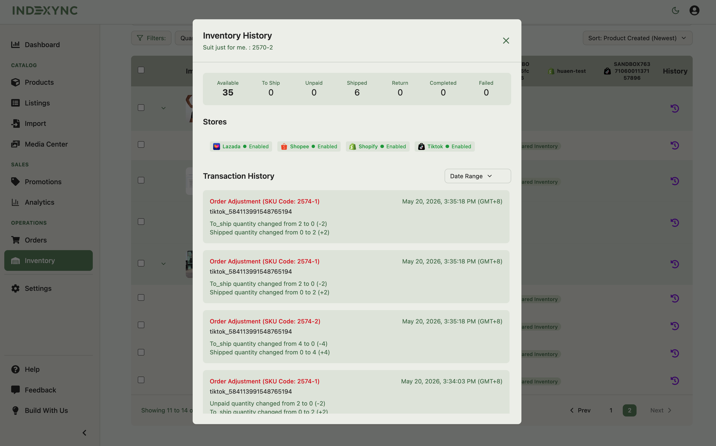 Inventory History panel open for a SKU showing transaction history and store sync status