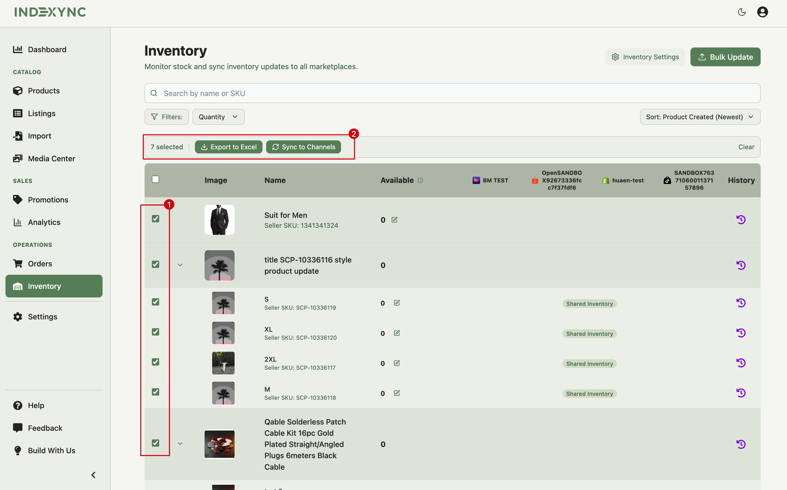 Inventory page with multiple SKUs selected and the action bar showing Export to Excel and Sync to Channels buttons