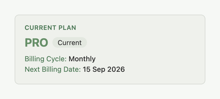Settings Billing tab, Current Plan card showing plan name, Billing Cycle and Next Billing Date
