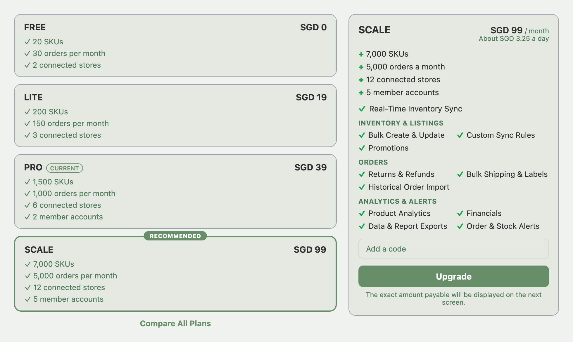 Manage Subscription plan list with a higher plan selected and its details panel with the Upgrade button