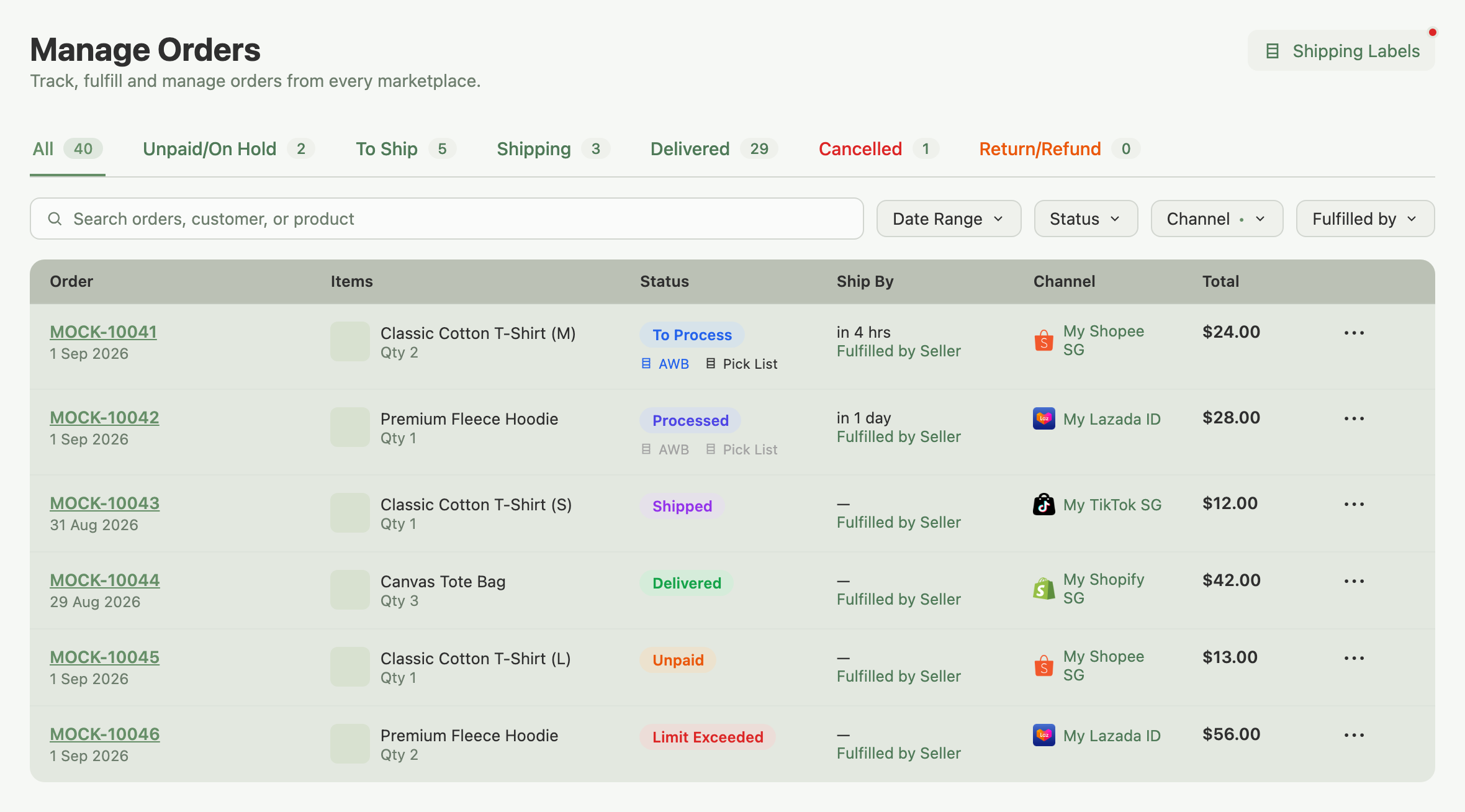 Manage Orders page showing the tab bar, Channel filter, and six order rows with status badges and row icons