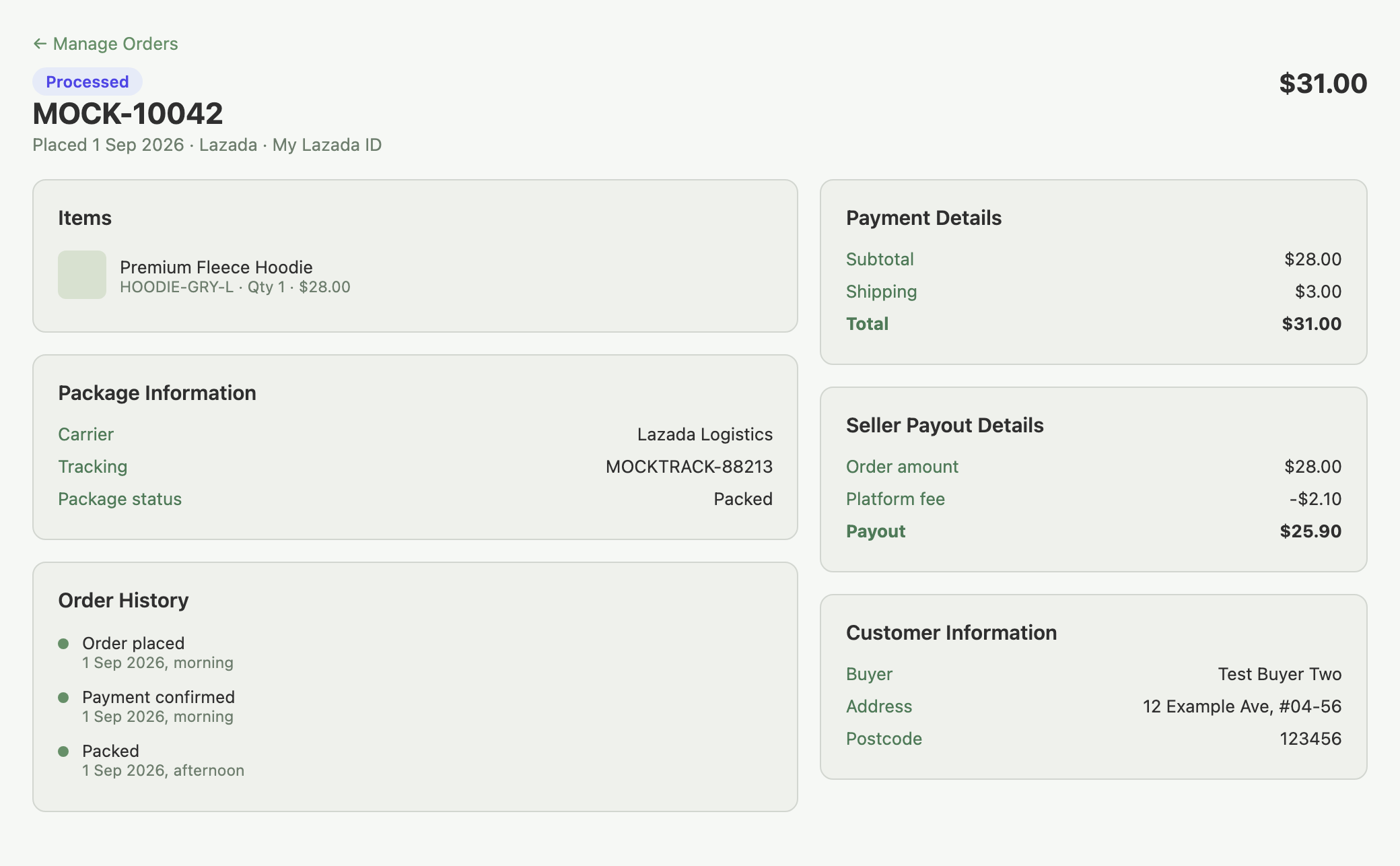Order Details page for a Lazada order, showing items, Package Information, Payment Details, Seller Payout Details, Customer Information and Order History