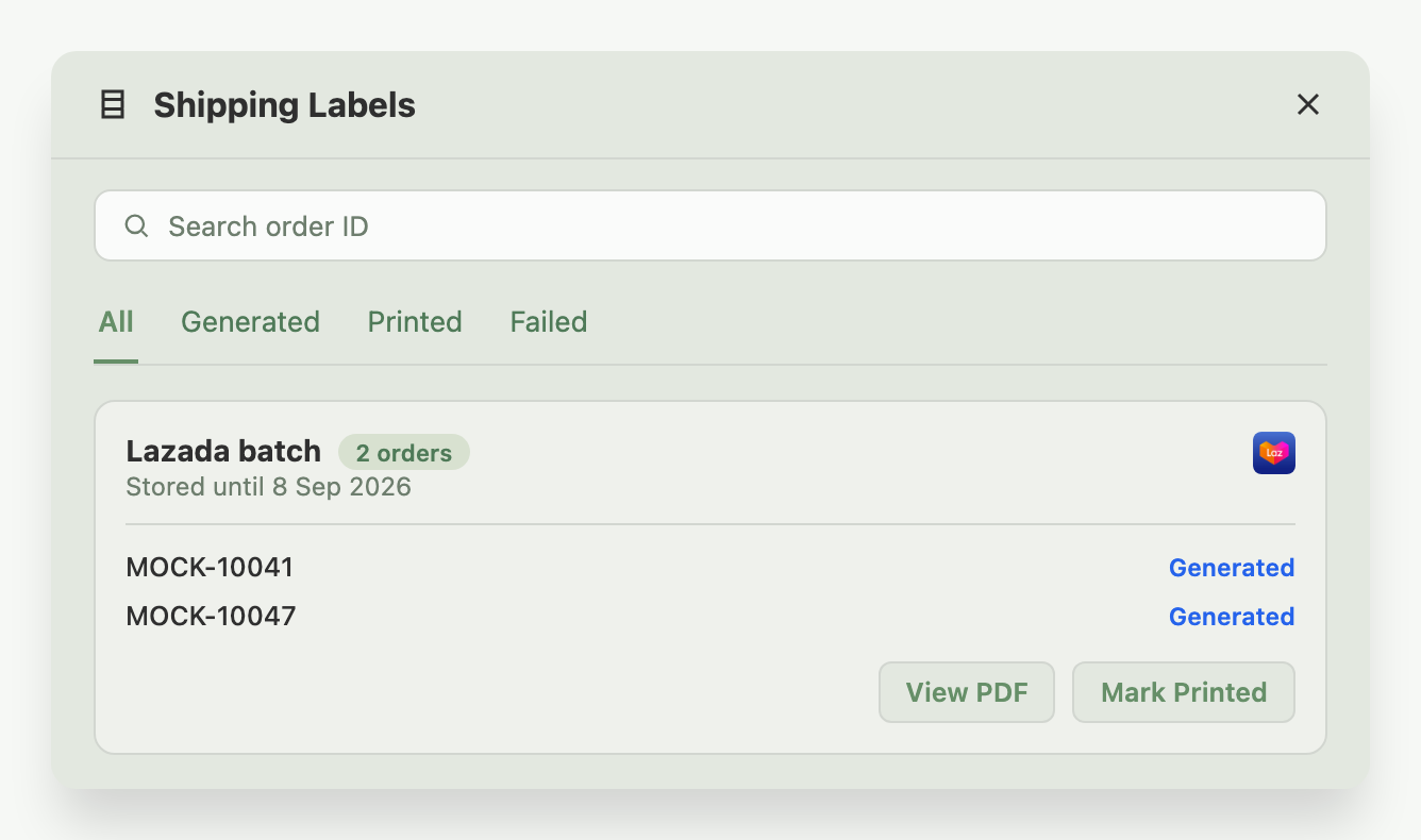 Shipping Labels window showing a Lazada batch of two orders, both Generated, with View PDF and Mark Printed actions