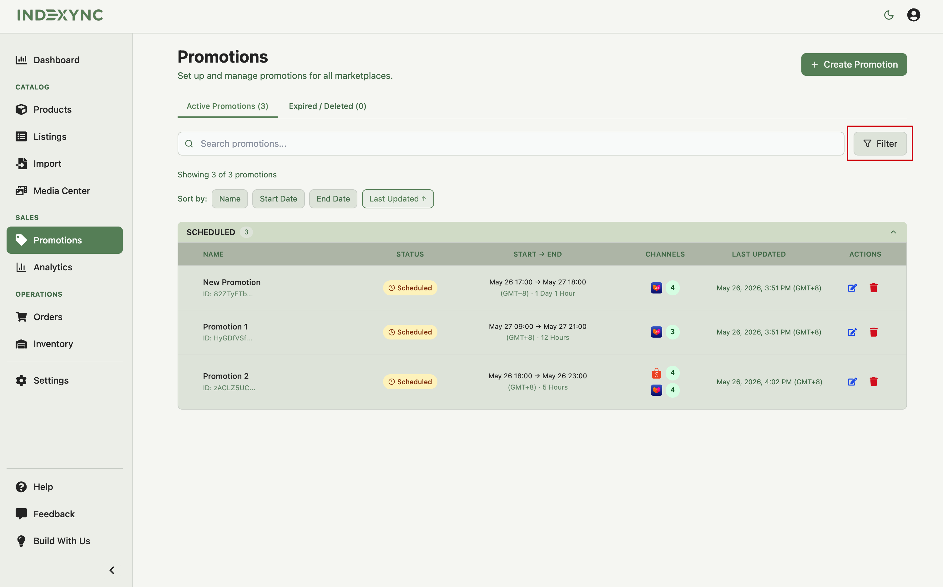 Promotions list showing Scheduled promotions with status badges and store sync columns