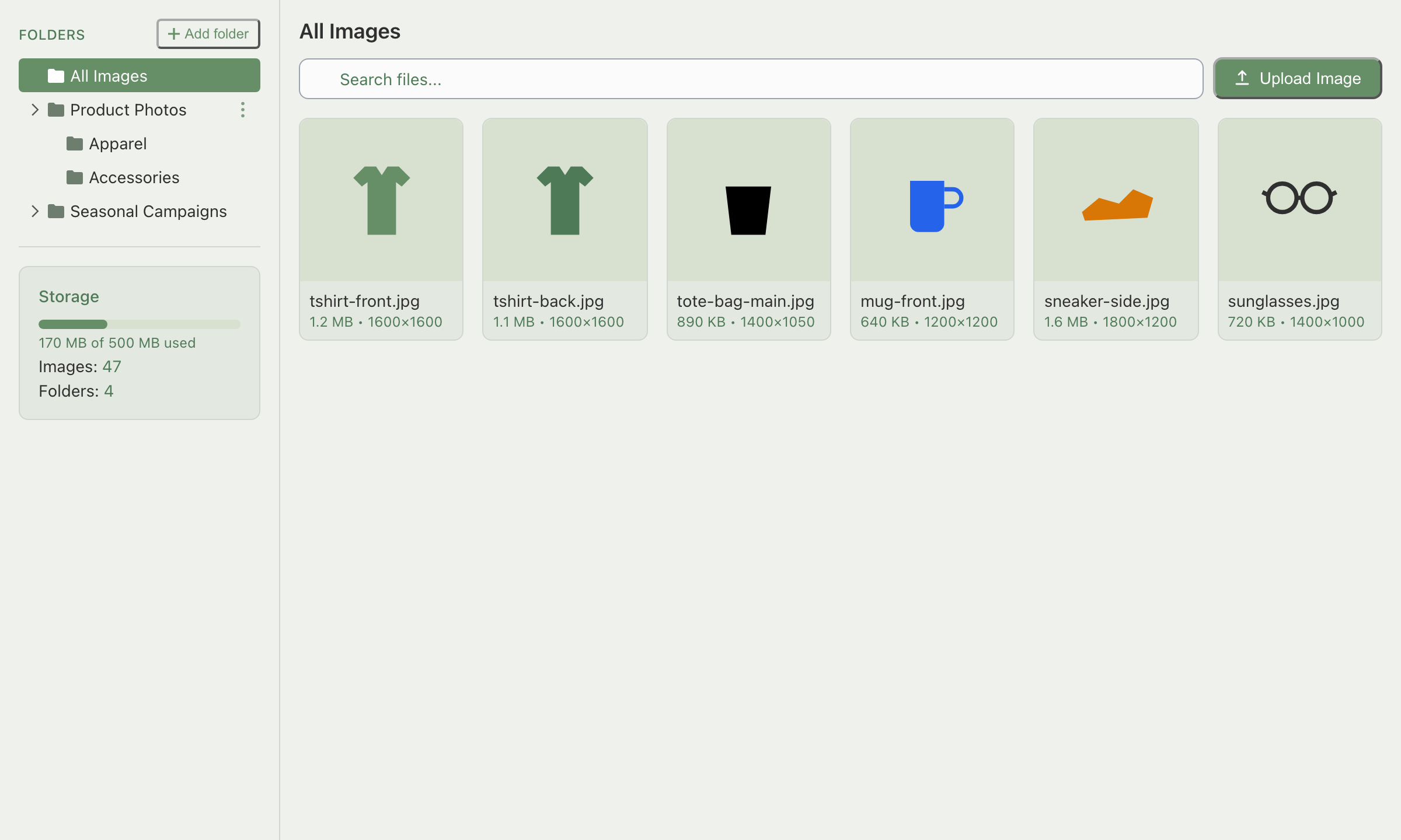 Media Center, Images tab, folder tree and grid with the Upload Image button visible in the toolbar