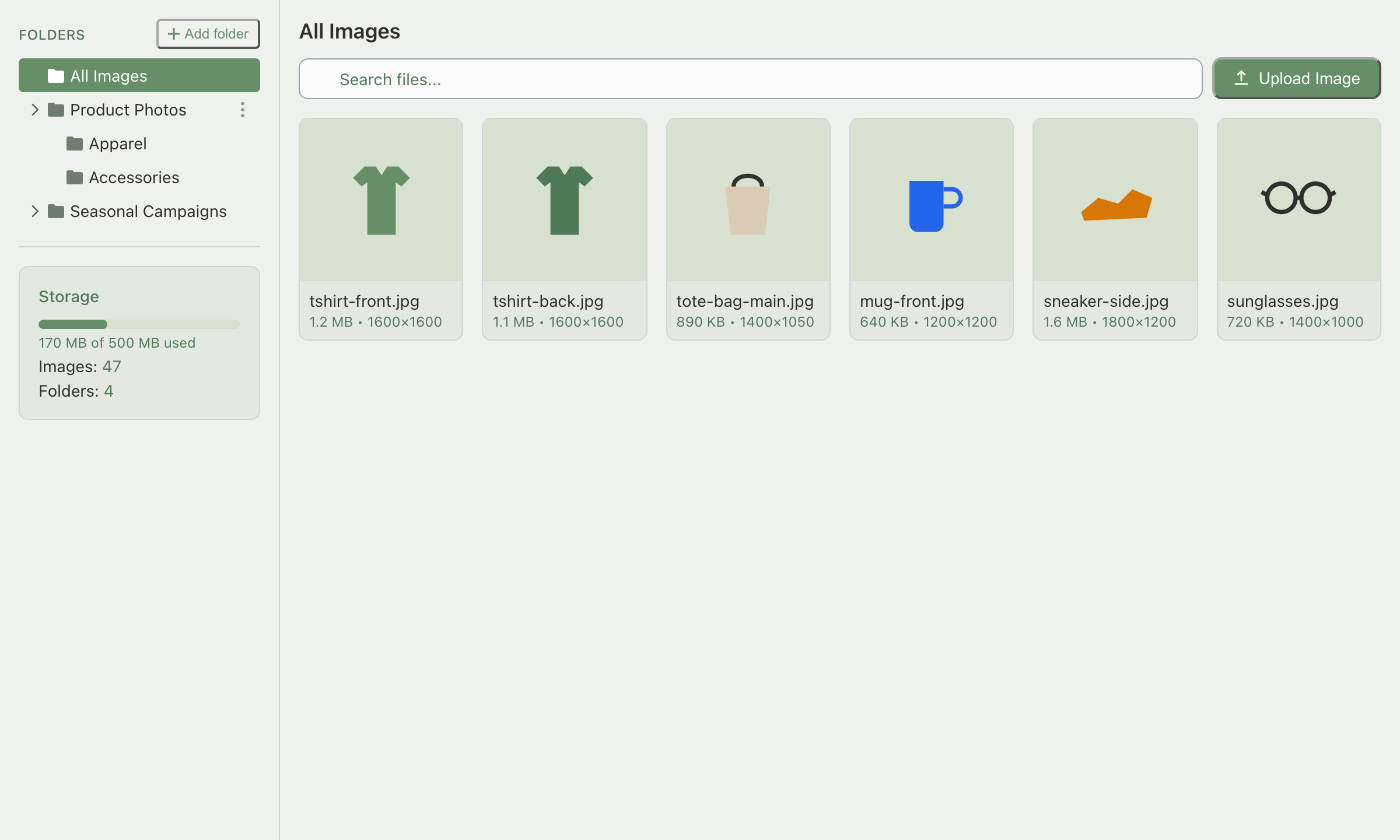 Media Center, Images tab, folder tree and grid with the Upload Image button visible in the toolbar