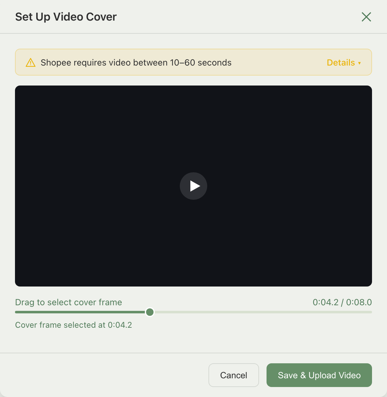 Set Up Video Cover window showing the per-channel warning banner, scrub slider, and captured-frame caption