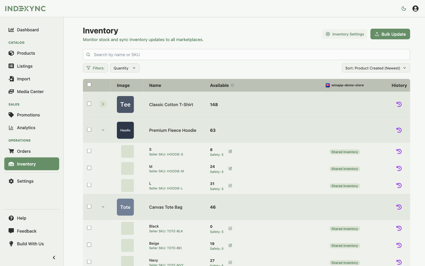 Inventory page showing products with variation rows expanded, Available counts, Safety Stock sub-text, and Shared Inventory badges