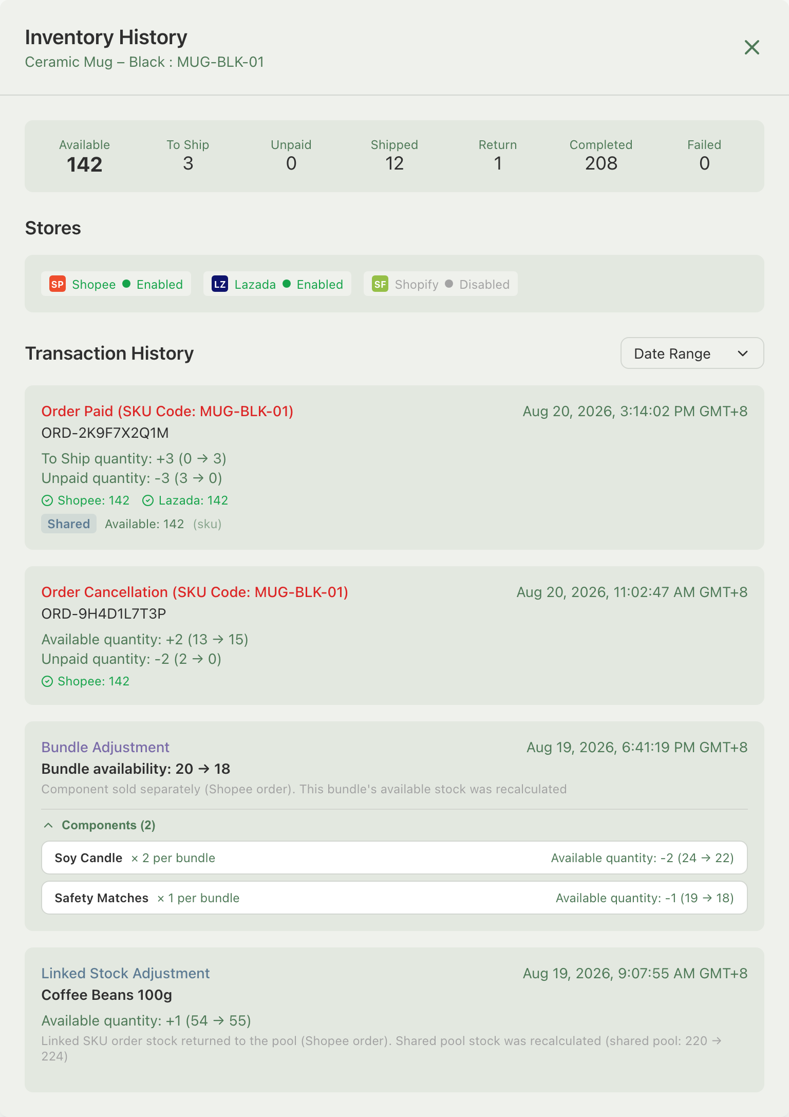 Inventory History panel's Transaction History list showing an Order Paid entry, an Order Cancellation entry, an expanded Bundle Adjustment entry with its two components, and a Linked Stock Adjustment entry