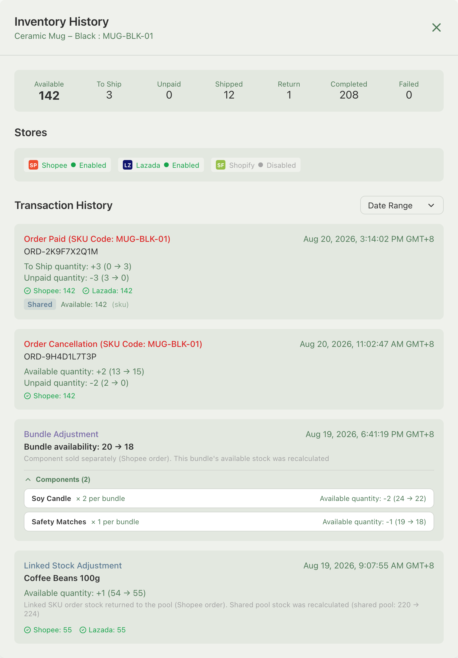 Inventory History panel's Transaction History list showing an Order Paid entry, an Order Cancellation entry, an expanded Bundle Adjustment entry with its two components, and a Linked Stock Adjustment entry