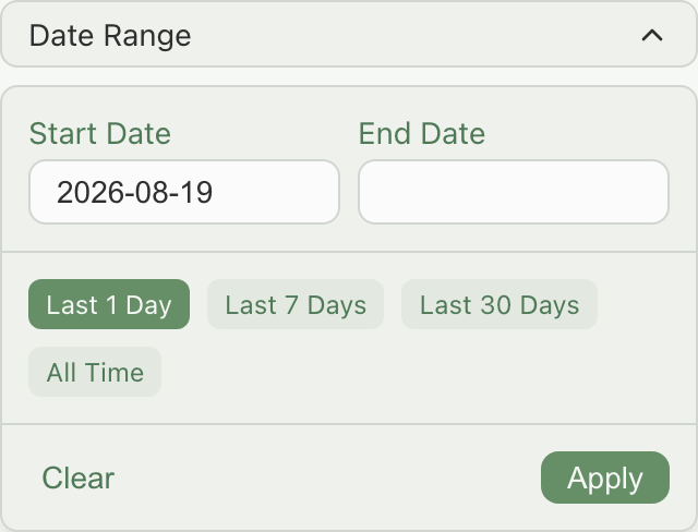 Date Range dropdown open on the Inventory History panel, showing the Last 1 Day preset active and the Last 7 Days, Last 30 Days, and All Time alternatives