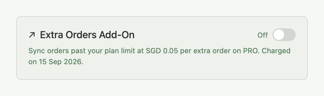 Extra Orders Add-On card, on state, showing the accrual total this cycle