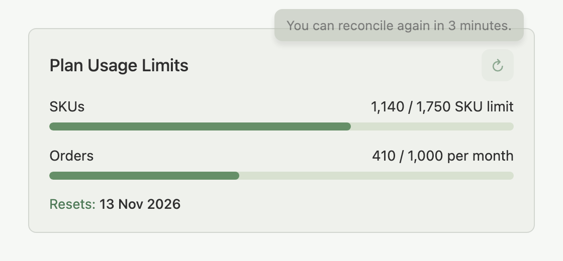 Plan Usage Limits card with the refresh icon unavailable and its tooltip showing