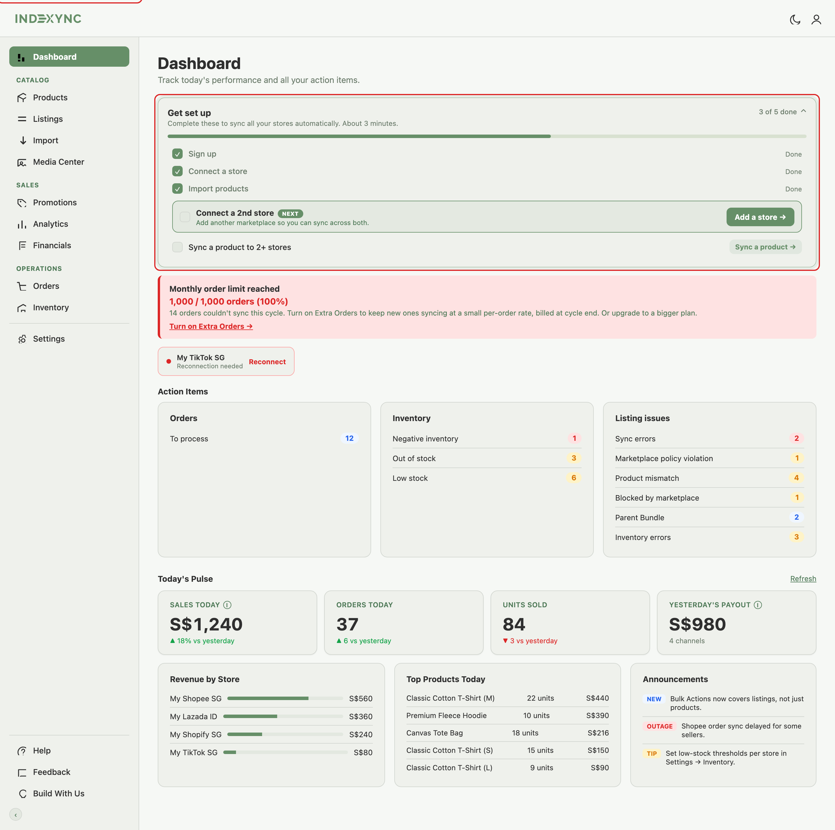 Dashboard Getting Started checklist showing 3 of 5 steps complete