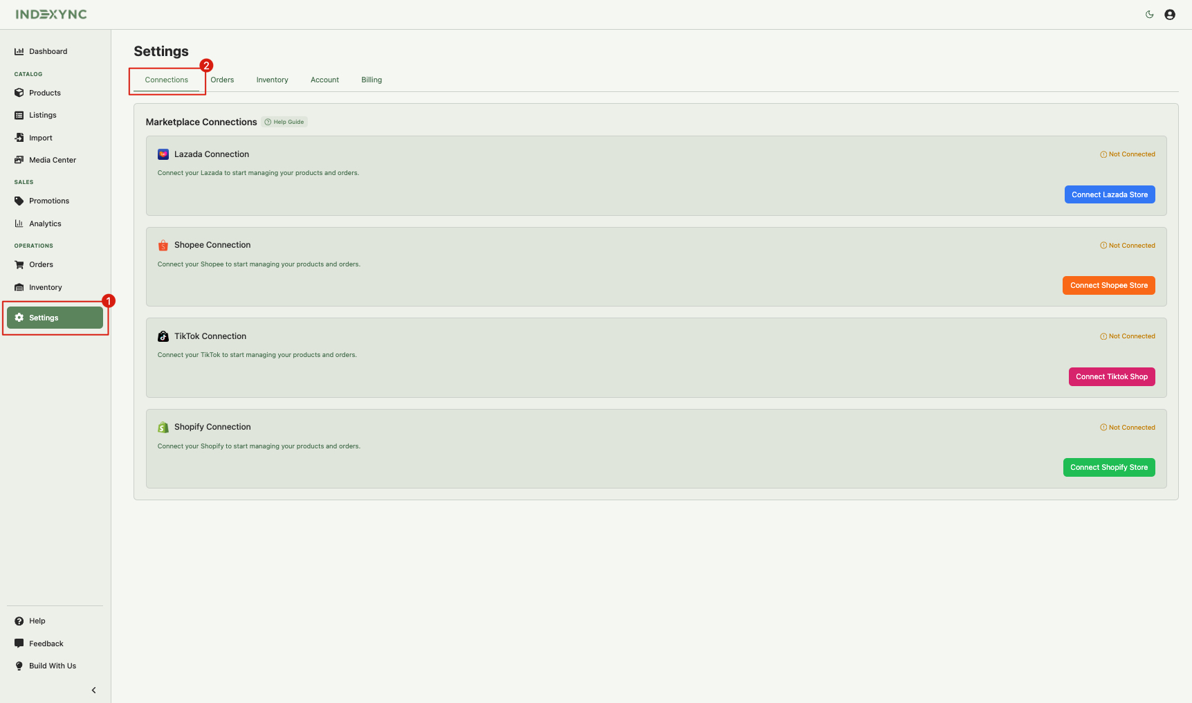Settings Connections page showing the 4 marketplace connection cards