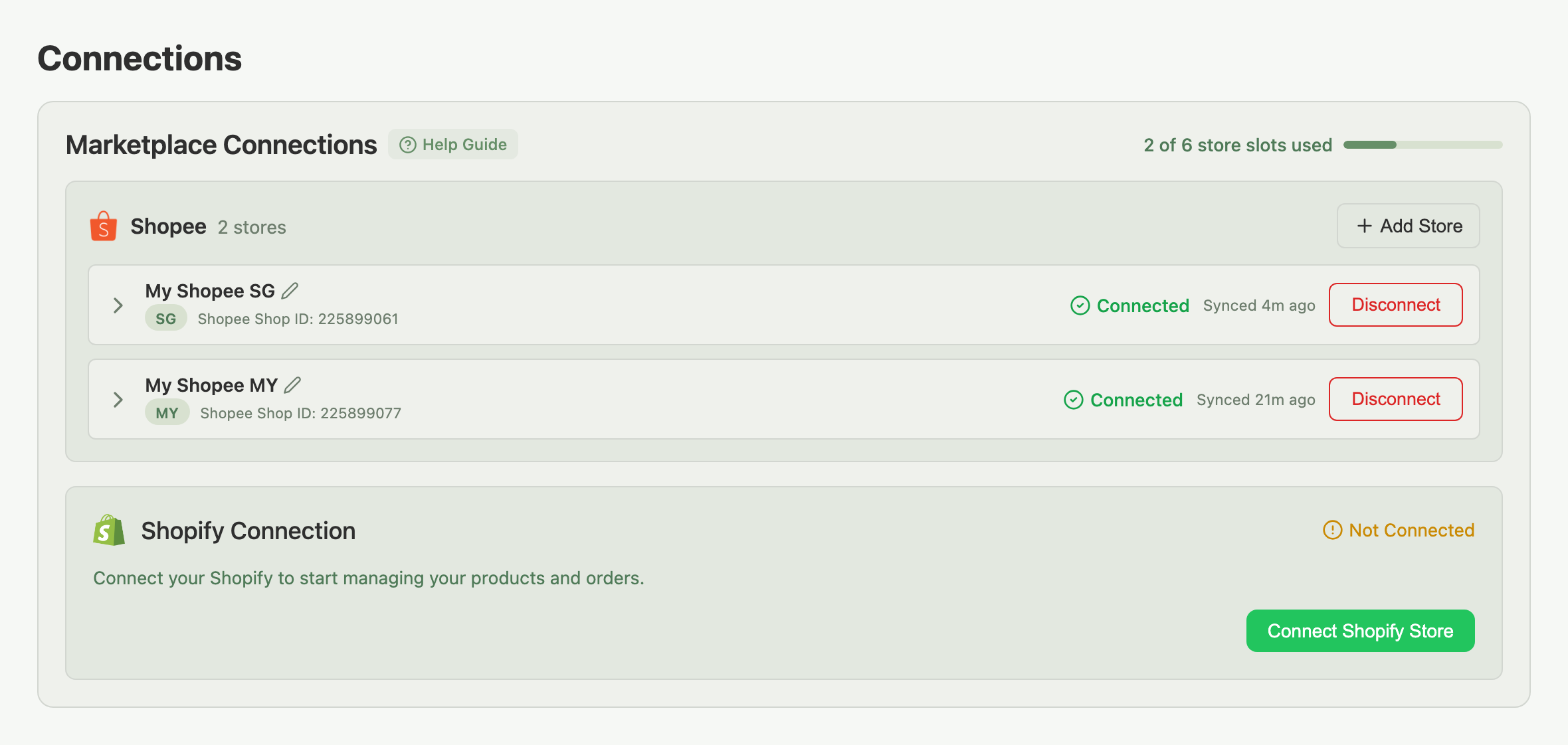 Connections page grouped by marketplace, showing 2 connected Shopee stores and a not-yet-connected Shopify card
