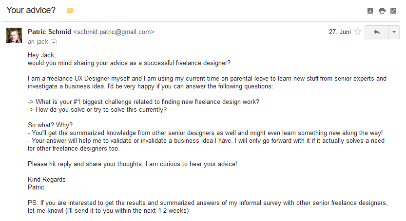 Cold email sent to a designer to validate their #1 challenge