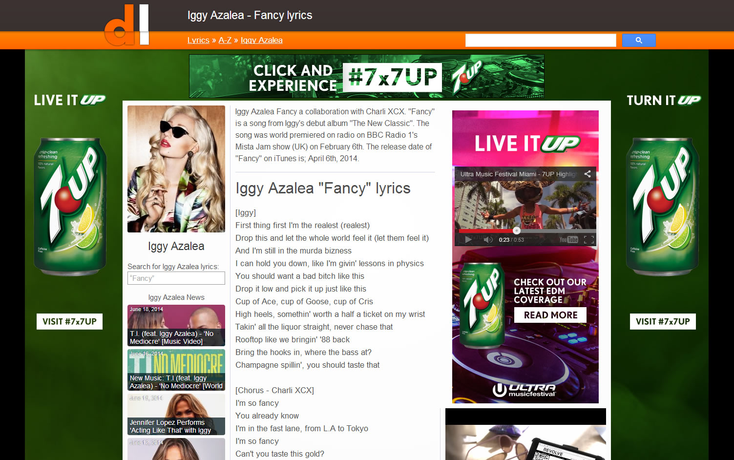 Screenshot of Directylrics.com sporting a massive advertisement for 7 Up