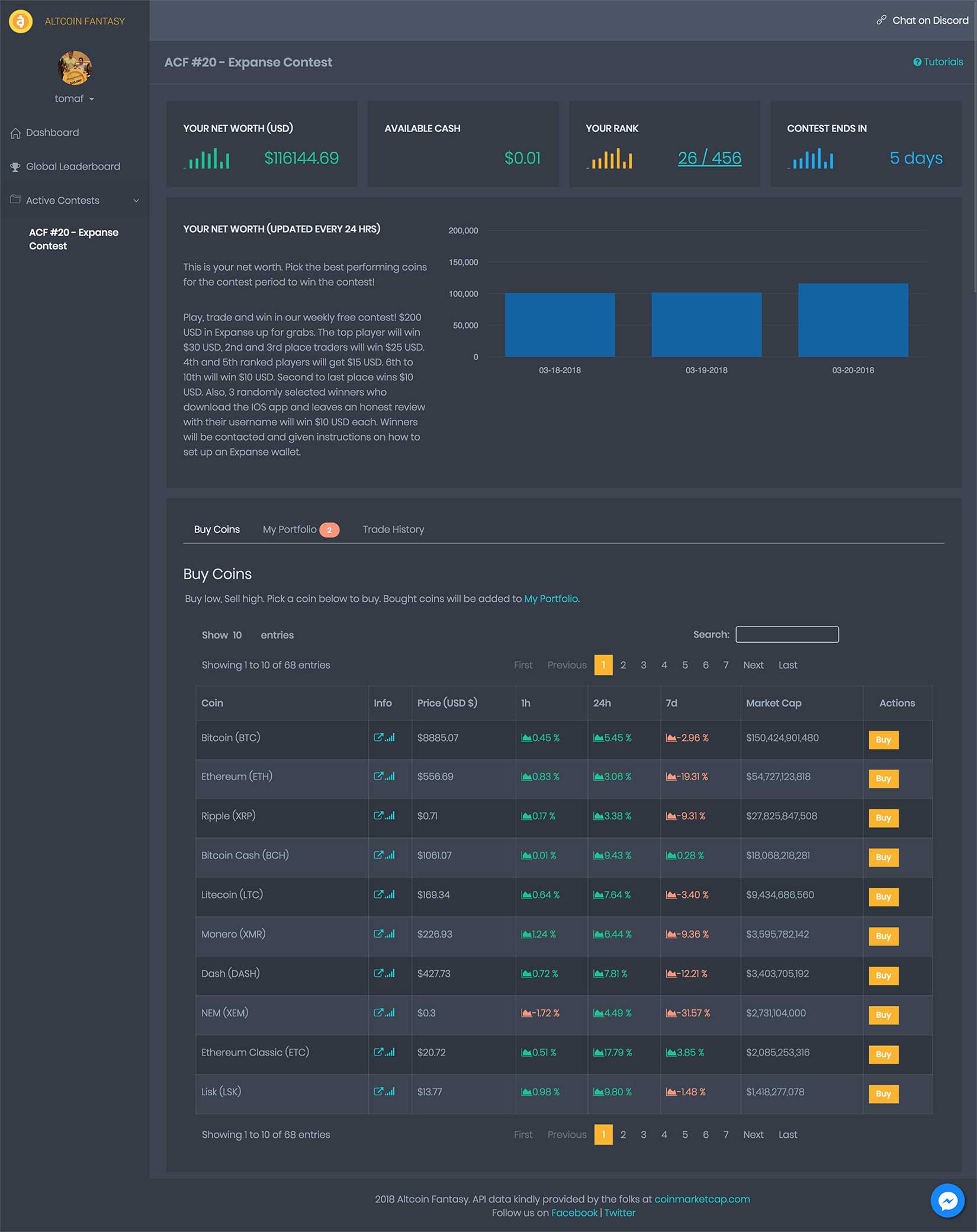 altcoin fantasy web app screenshot