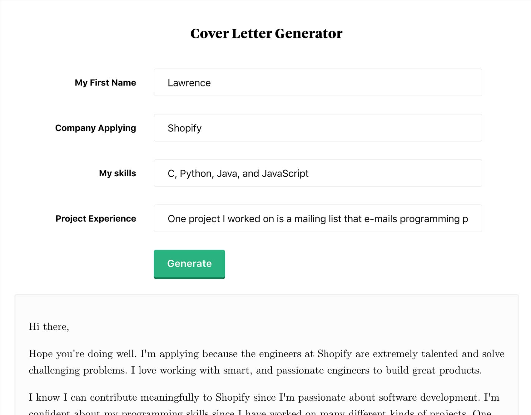 Cover letter generator