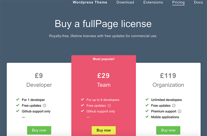 fullPage.js pricing page