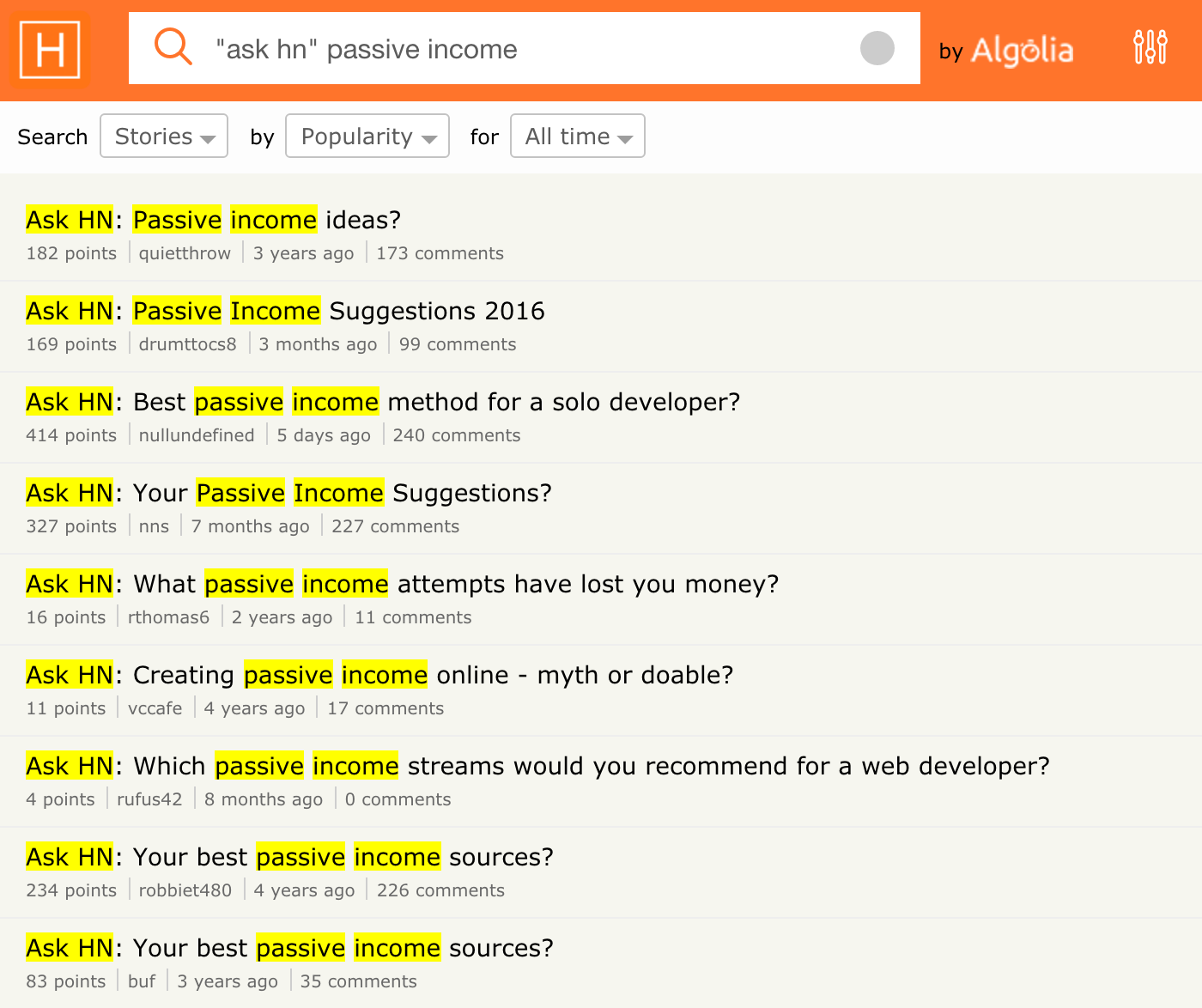 Passive Income Search on Hacker News