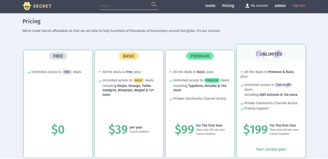 secret's pricing page