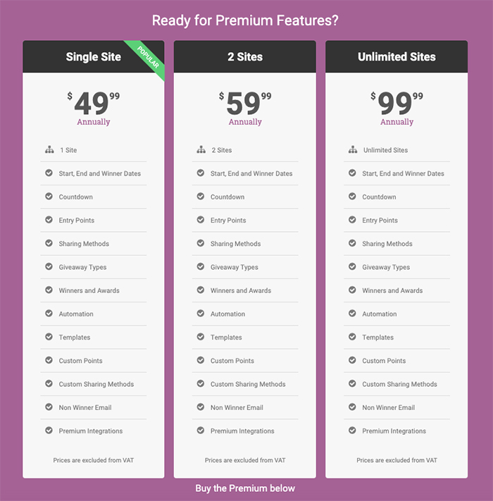 Simple Giveaways pricing table