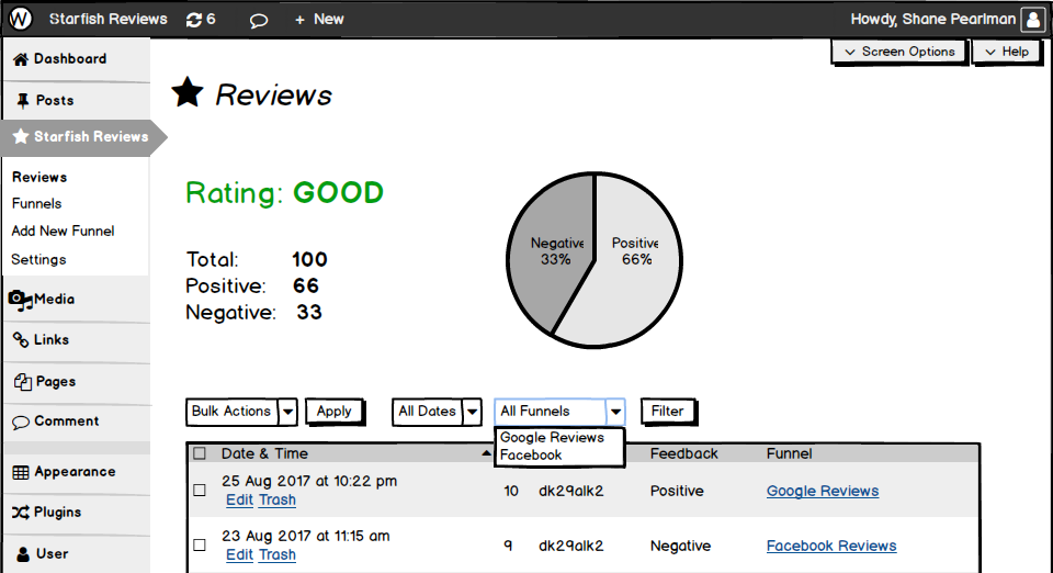 Balsamiq mockup of the reviews data interface