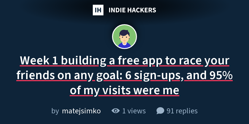 Week 1 building a free app to race your friends on any goal: 6 sign-ups, and 95% of my visits were me