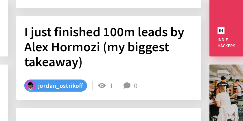 I just finished 100m leads by Alex Hormozi (my biggest takeaway)