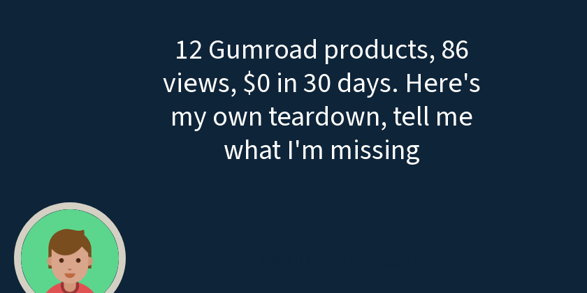 12 Gumroad products, 86 views, $0 in 30 days. Here's my own teardown, tell me what I'm missing