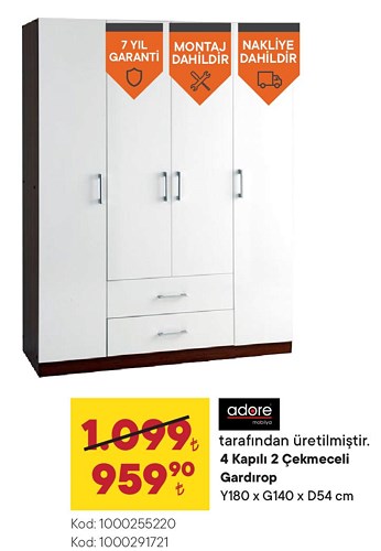 Adore 4 Kapılı 2 Çekmeceli Gardırop Y180xG140xD54 cm image