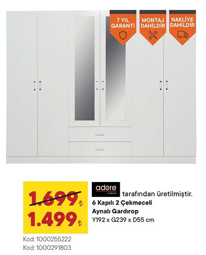 Adore 6 Kapılı 2 Çekmeceli Aynalı Gardırop Y192xG239xD55 cm image