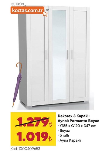 Dekorex 3 Kapaklı Aynalı Pormanto Beyaz image