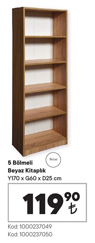 5 Bölmeli Beyaz Kitaplık Y170xG60xD5 cm image