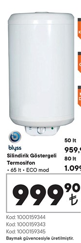 Blyss Silindirik Göstergeli Termosifon 65 lt Eco Mod image