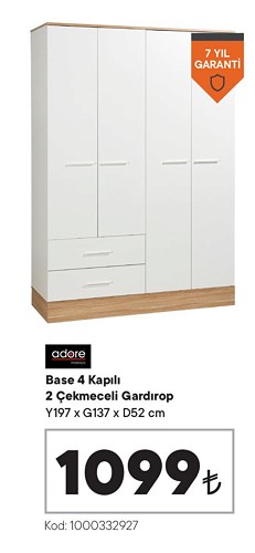 Adore Base 4 Kapılı 2 Çekmeceli Gardırop Y197 x G137 x D52 cm image