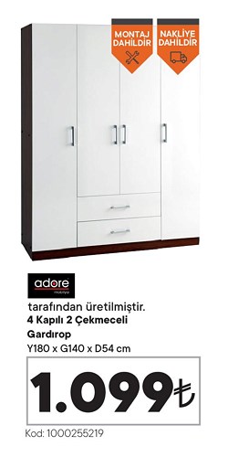 Adore 4 Kapılı 2 Çekmeceli Gardırop Y180 x G140 x D54 cm image