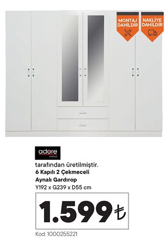 Adore 6 Kapılı 2 Çekmeceli Aynalı Gardırop image