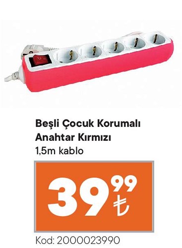 Beşli Çocuk Korumalı Anahtar Kırmızı 1,5 kablo image