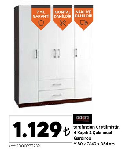 Adore 4 Kapılı 2 Çekmeceli Gardırop Y180xG140xD54 cm image