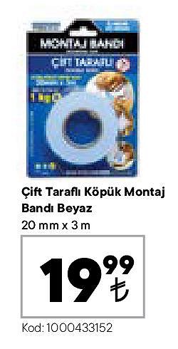 Çift Taraflı Köpük Montaj Bandı Beyaz 20 mm x 3 m image