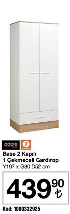 Adore Base 2 Kapılı 1 Çekmeceli Gardırop Y197 x G80 x D52 cm image
