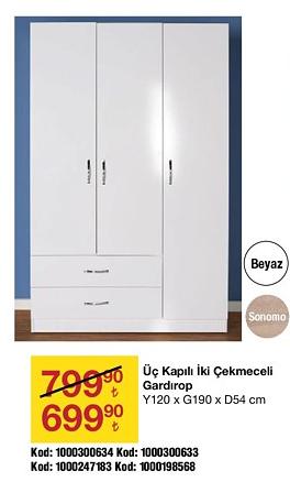 Üç Kapılı İki Çekmeceli Gardırop Y120 x G190 x D54 cm image